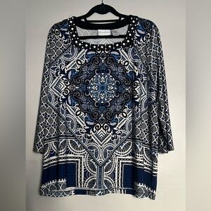Alfred Dunner Geometric Medallion Print Top Embellished Blue White Size L